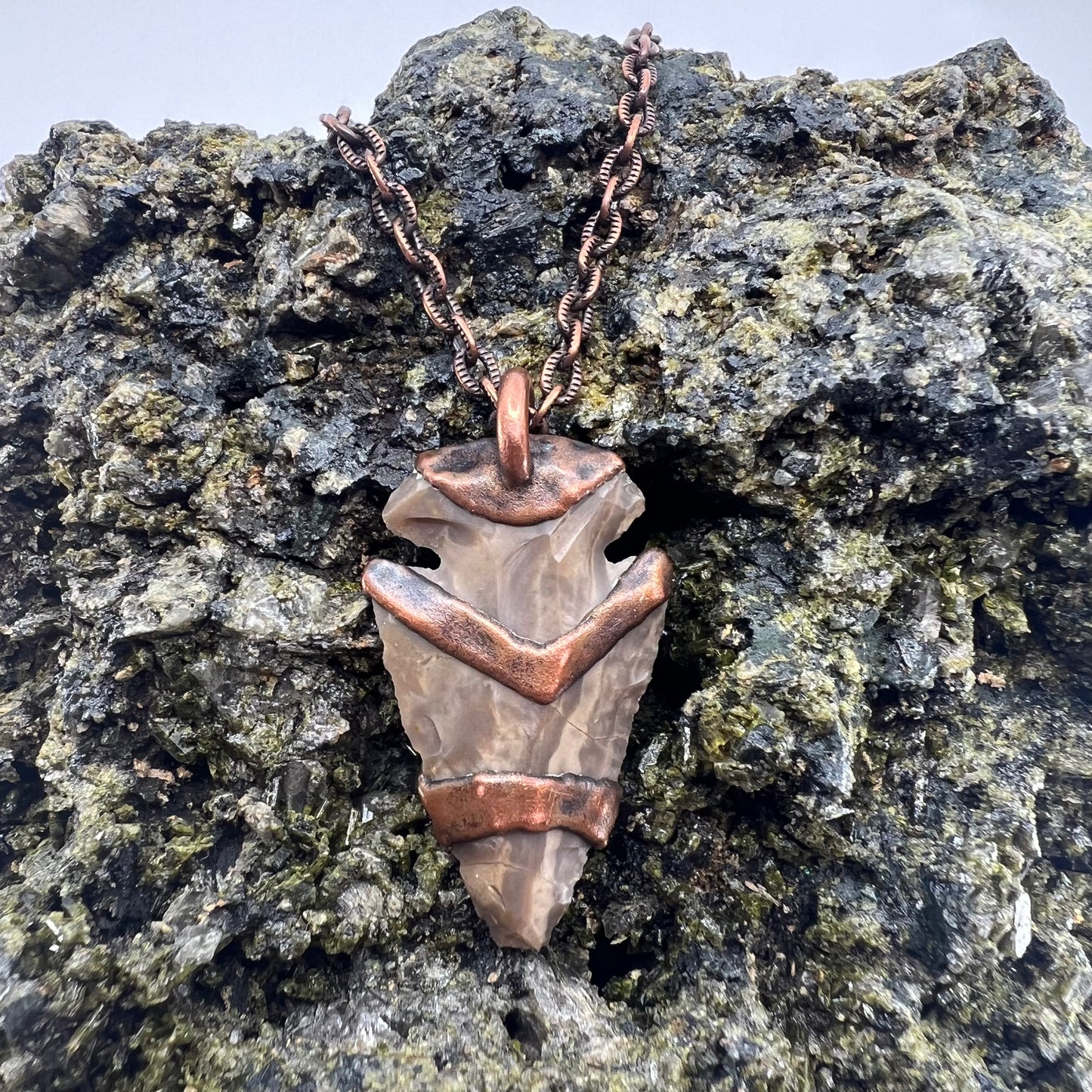 Arrowhead with Jade Glass Accent - Copper Electroformed Necklace