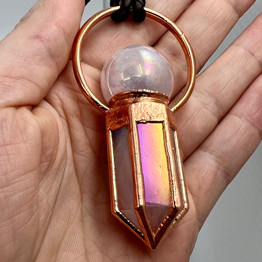 Rose Aura Quartz Sphere & Point Statement Necklace - Copper Electroformed
