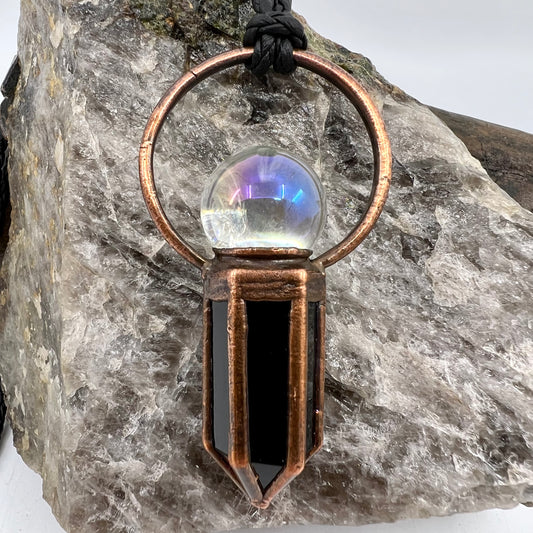 Aura Quartz Sphere & Obsidian Point Statement Necklace - Copper Electroformed