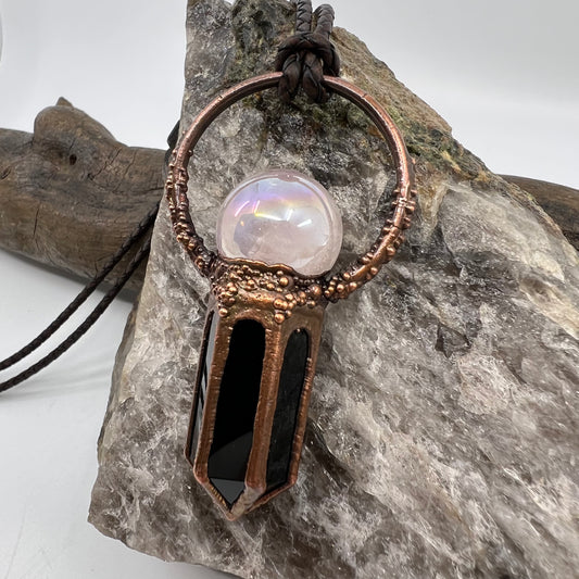 Rose Aura Quartz Sphere & Obsidian Point Statement Necklace - Copper Electroformed