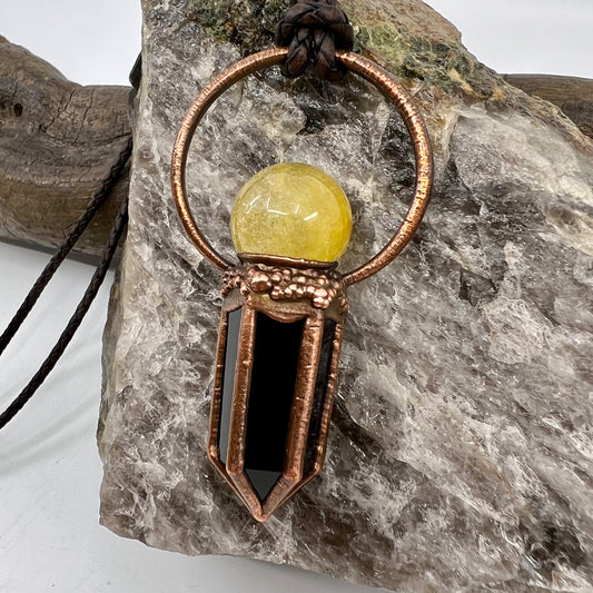 Rutilated Quartz Sphere & Obsidian Point Statement Necklace - Copper Electroformed